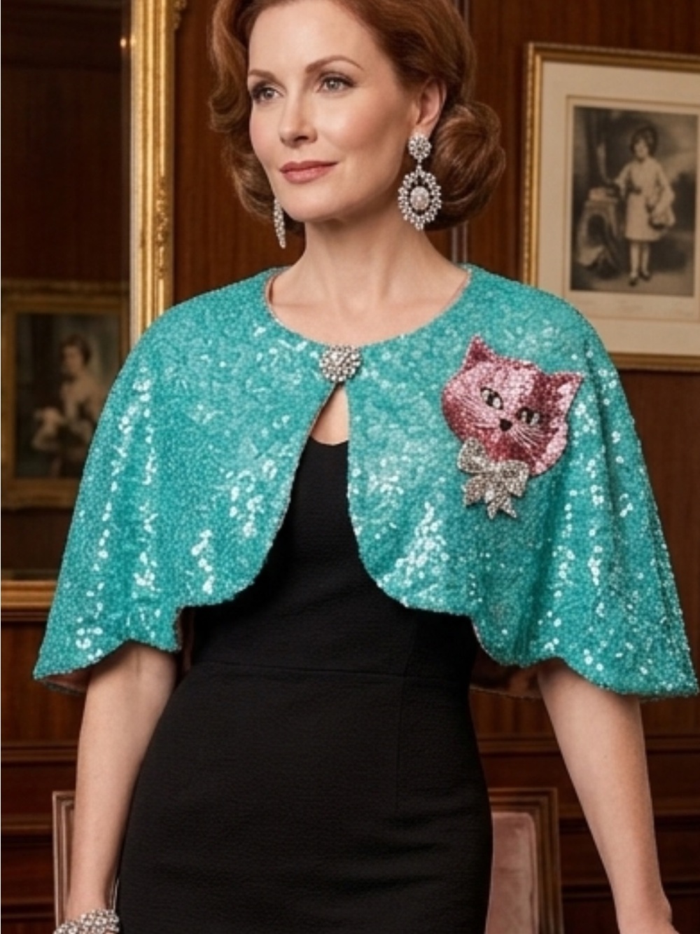 Sequined Teal Capelet with Pink Cat Brooch